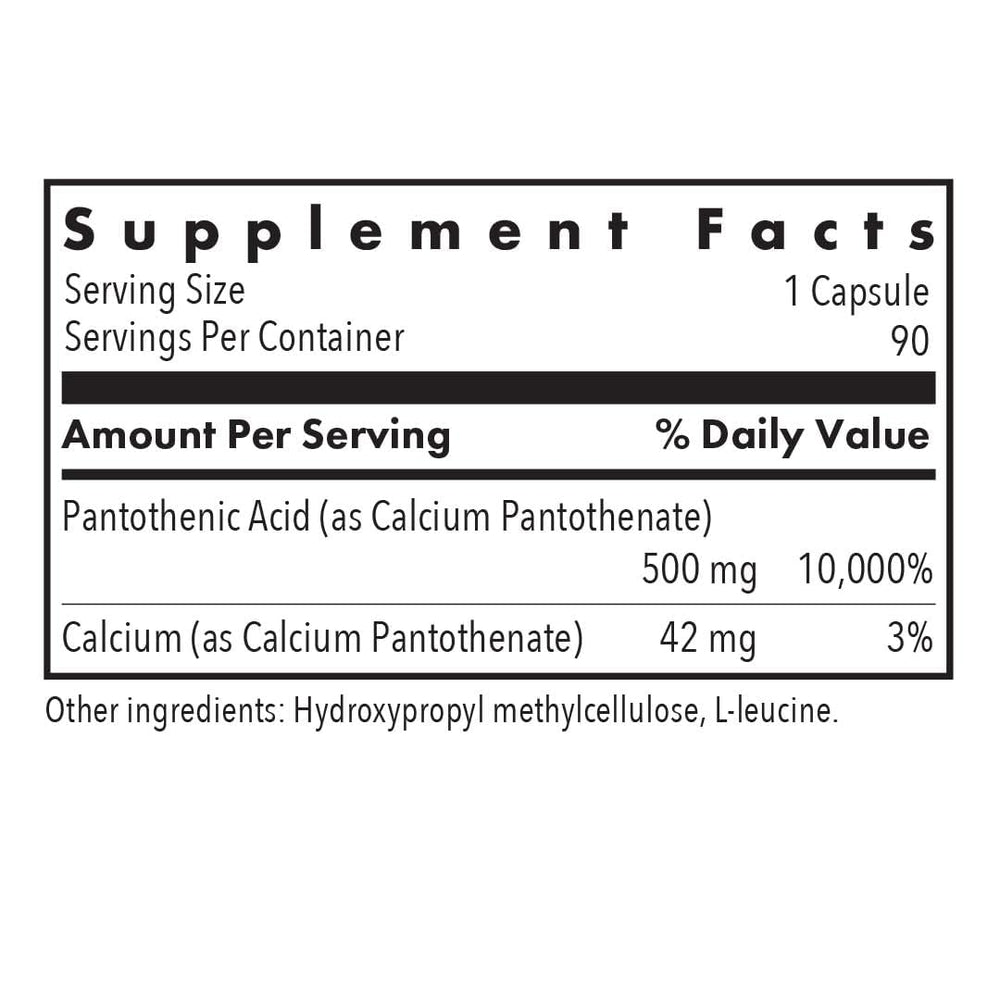 Close-up of Pantothenic Acid 500mg Vitamin B5 label on bottle