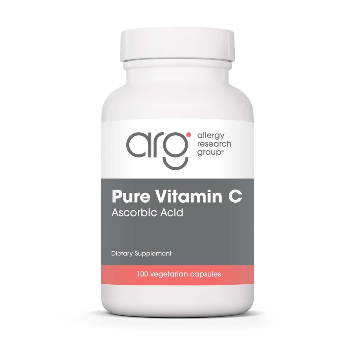 Bottle of Allergy Research Group Pure Vitamin C supplement with 1000 mg unbuffered ascorbic acid, 100 count