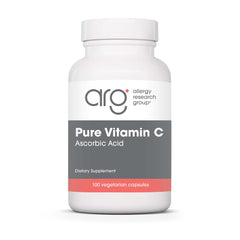 Bottle of Allergy Research Group Pure Vitamin C supplement with 1000 mg unbuffered ascorbic acid, 100 count