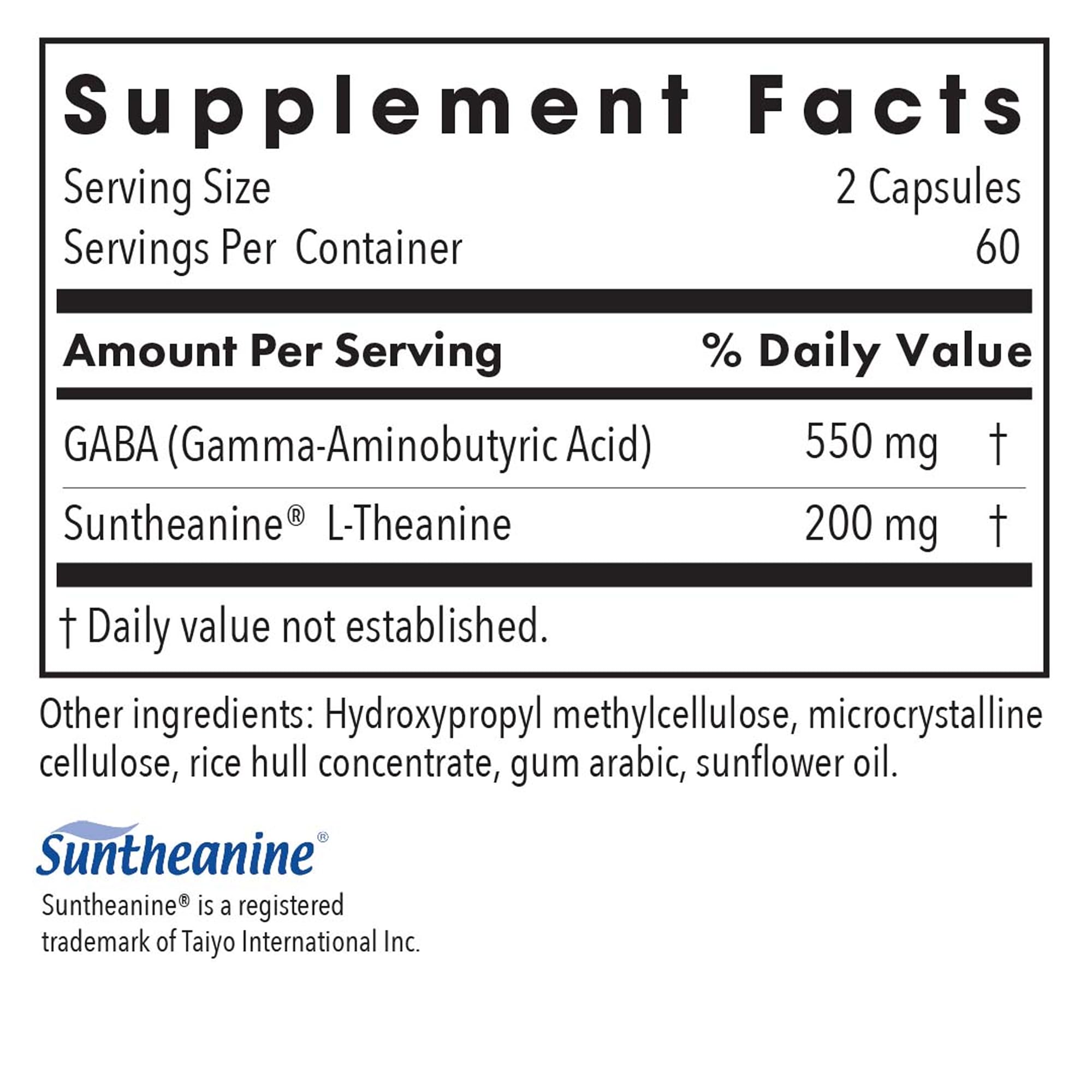 Supplement facts panel for Zen GABA L-Theanine