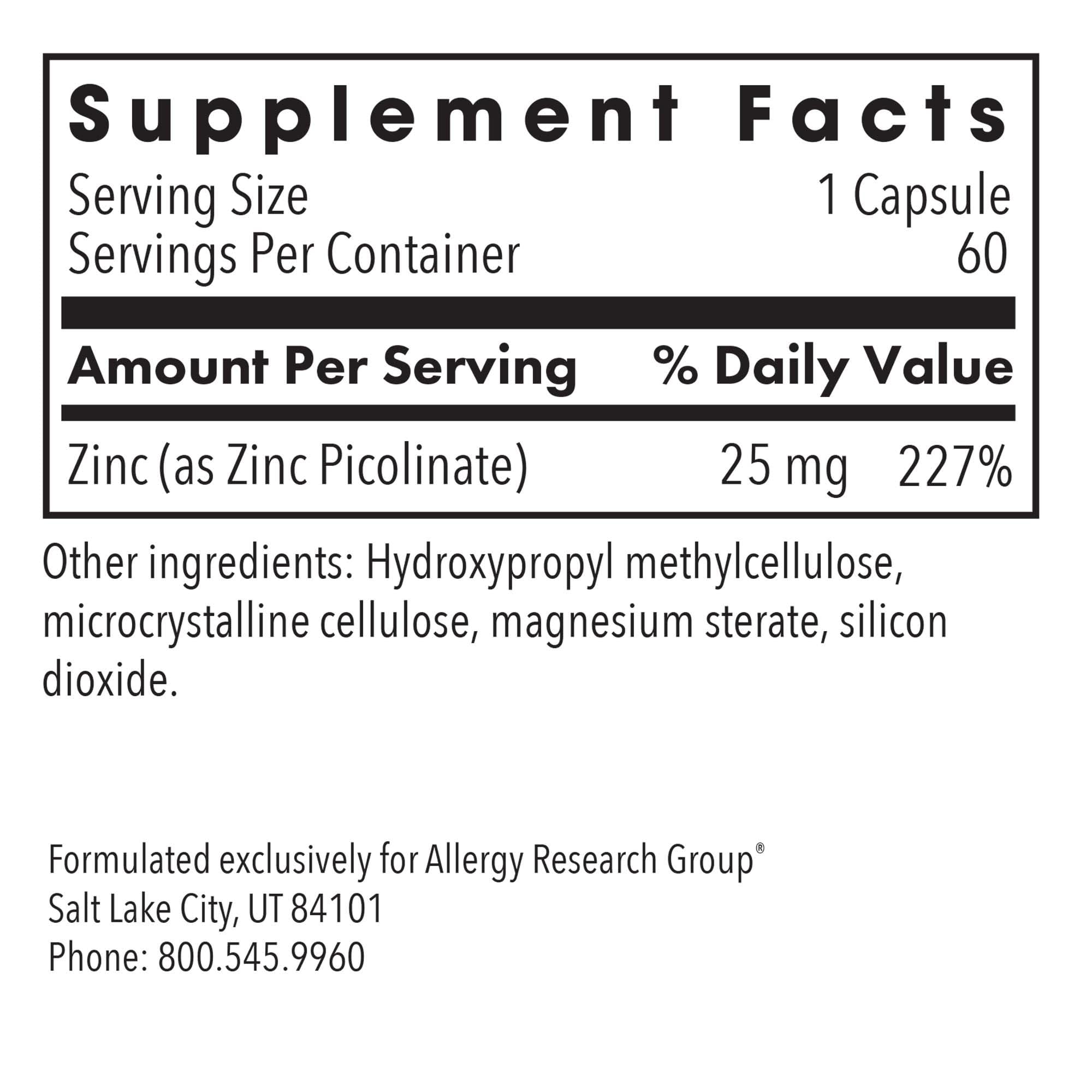 Close-up of zinc picolinate ingredient label showing 25 mg per capsule