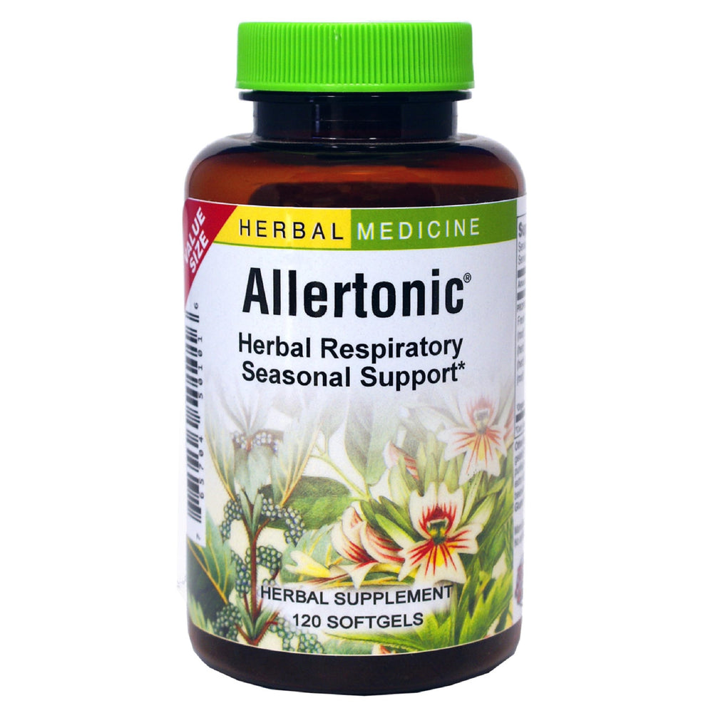Allertonic bottle with label showing 120 softgels