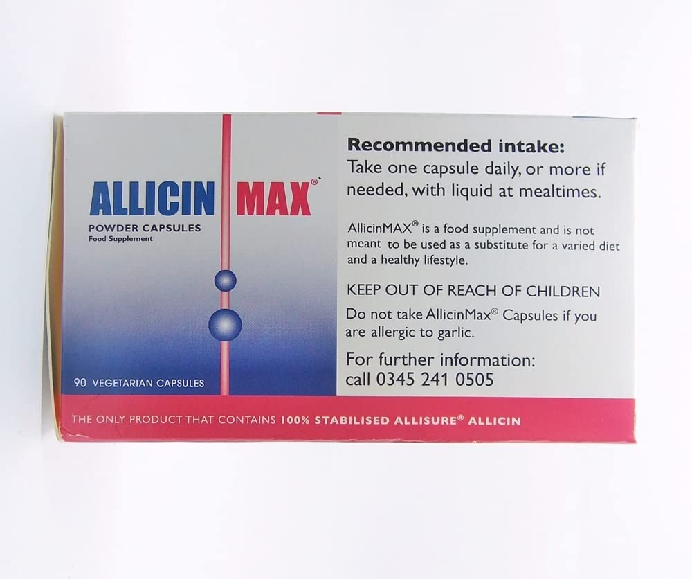 Product label highlighting 180 mg allisure allicin powder per capsule