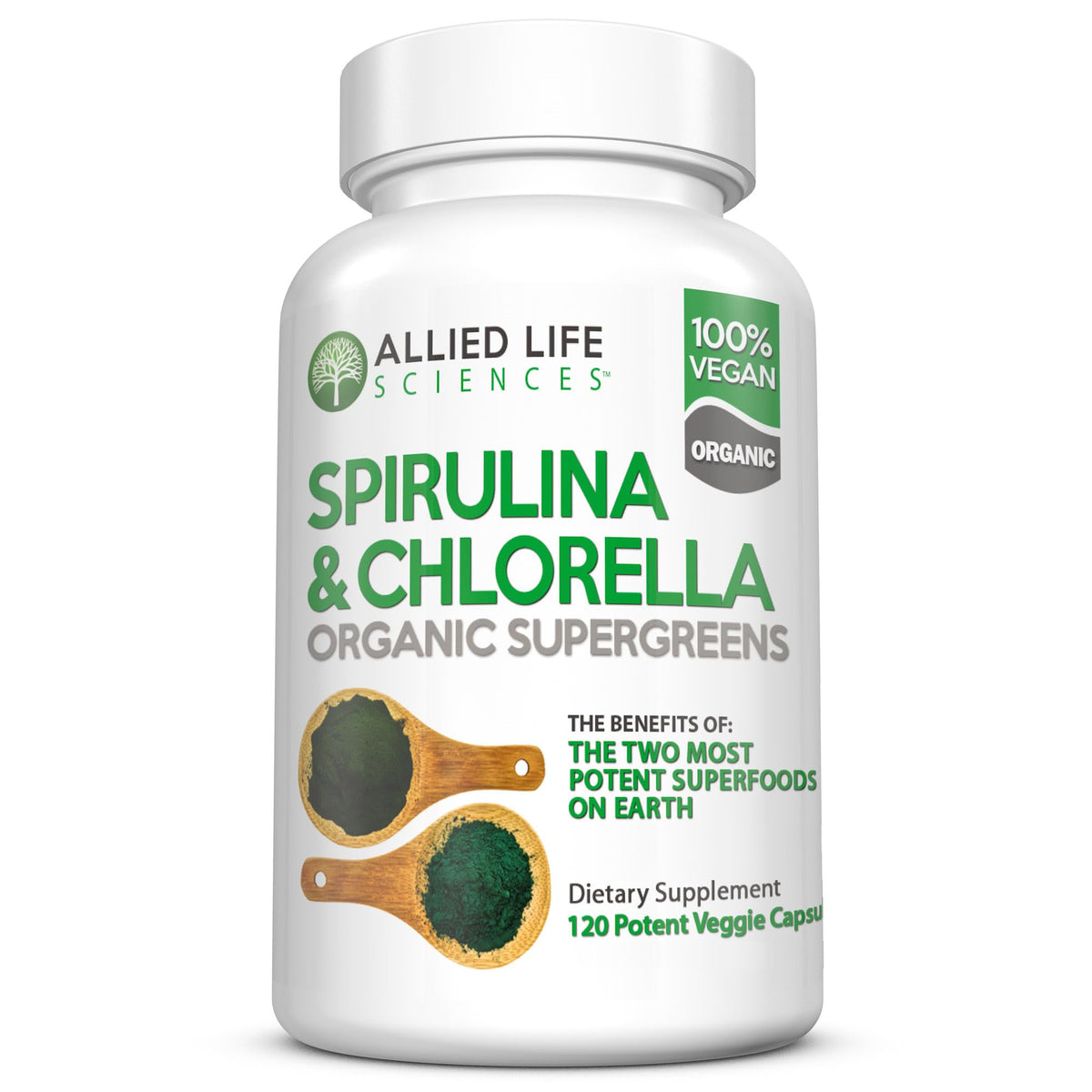 Bottle of Allied Life Spirulina and Chlorella 120 capsules
