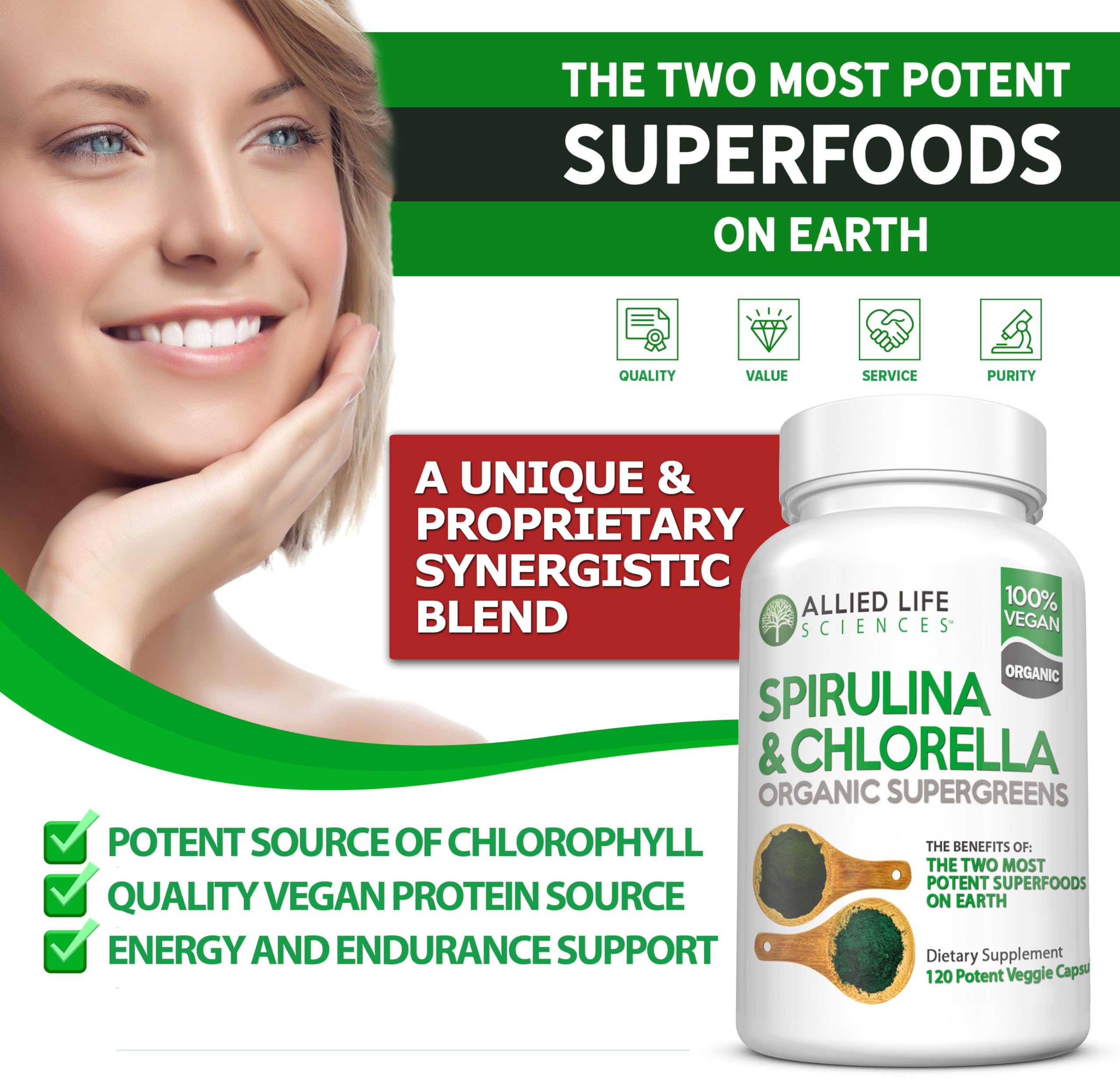 Close-up of spirulina and chlorella capsules