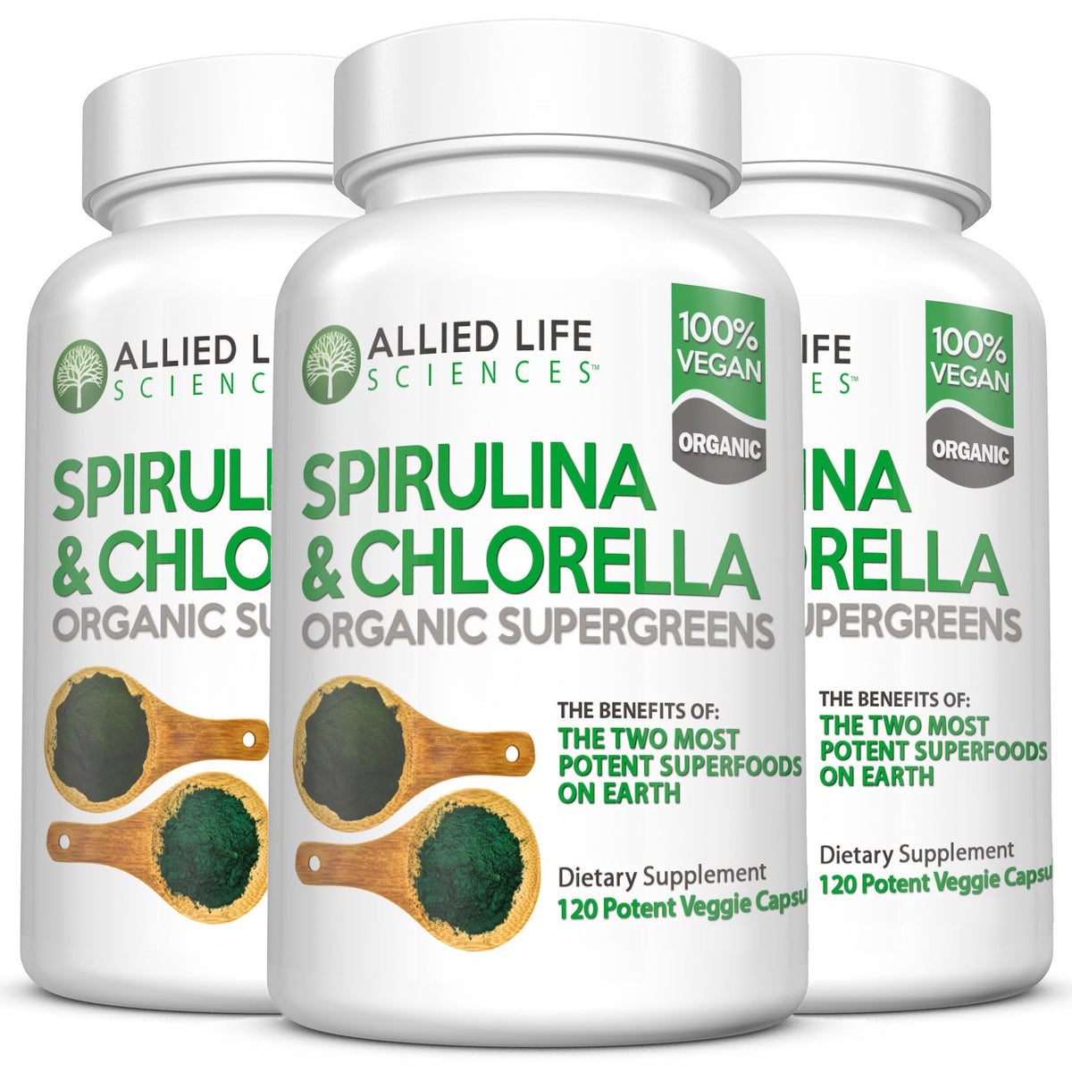 Front packaging view of Allied Life Spirulina and Chlorella