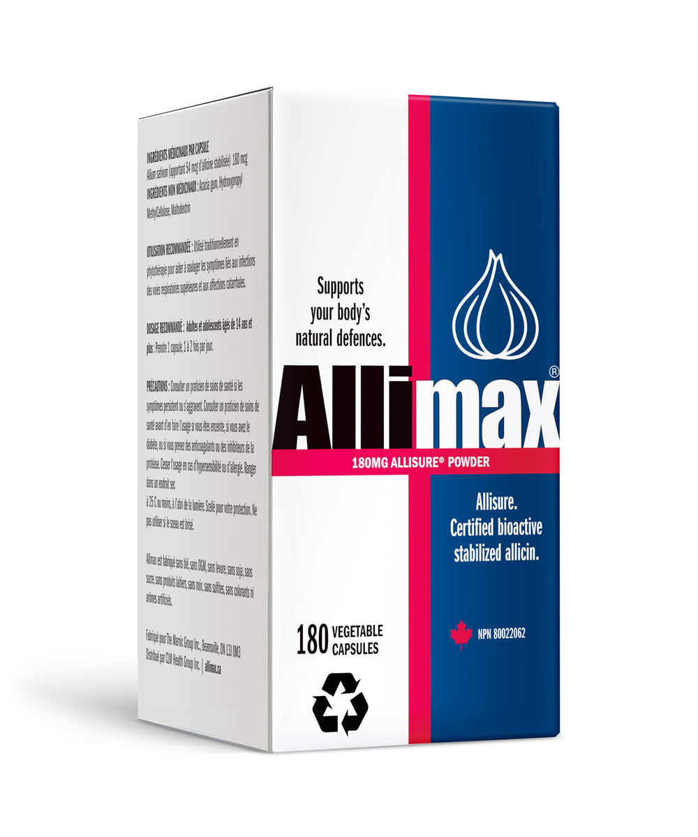 Allimax 180mg 180 capsules bottle with new packaging label