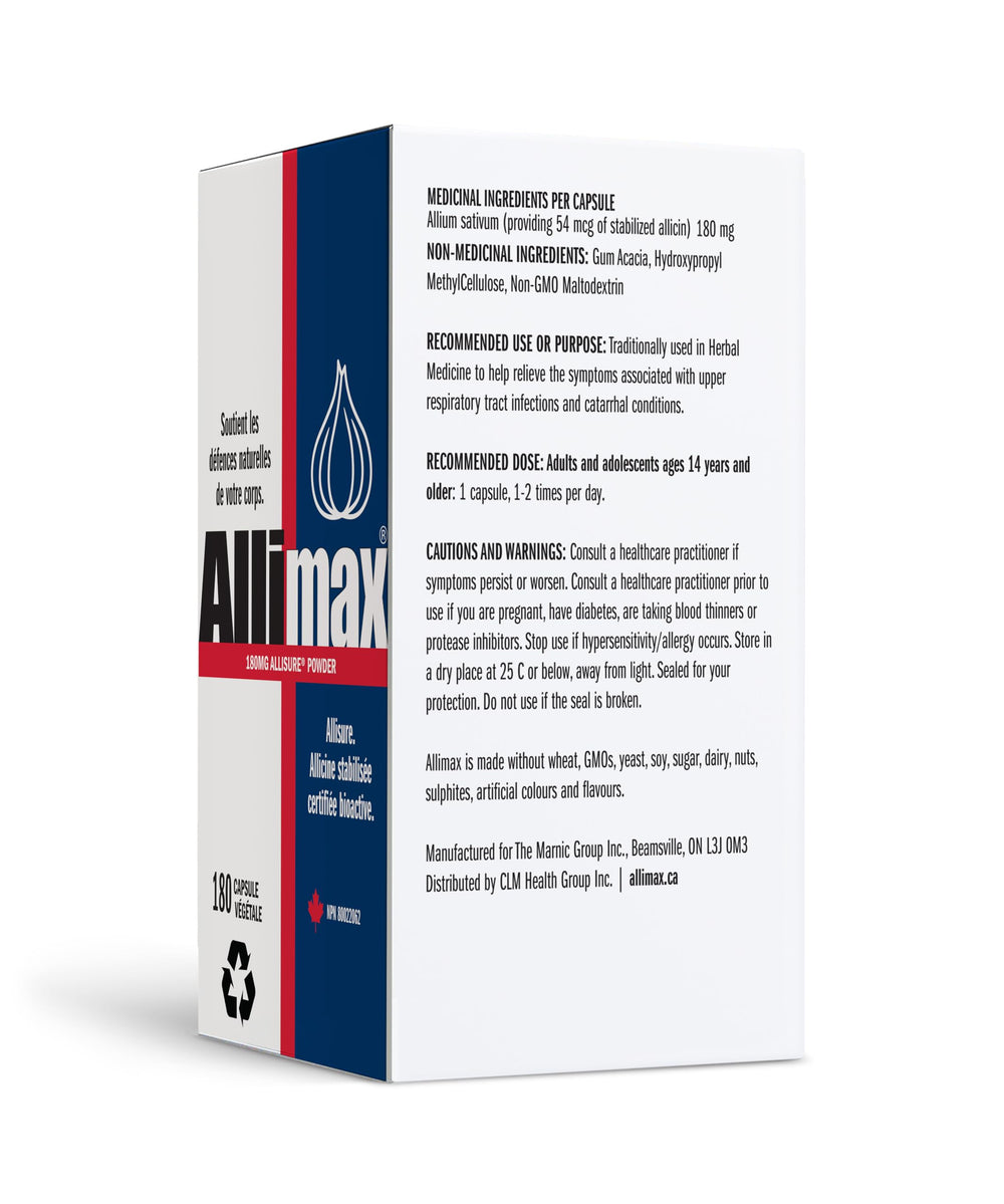Close-up of Allimax label highlighting bioactive allicin