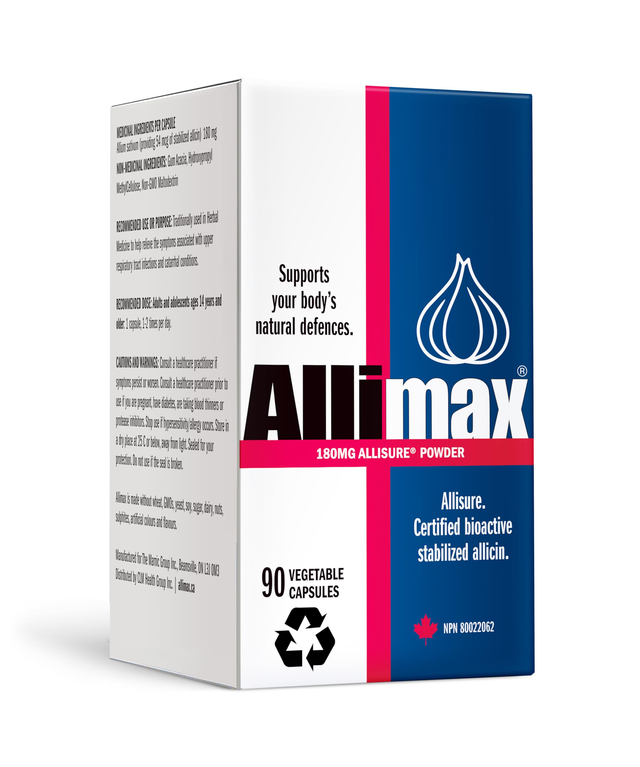 ALLIMAX 180mg 90 capsules bottle back panel with nutrition facts