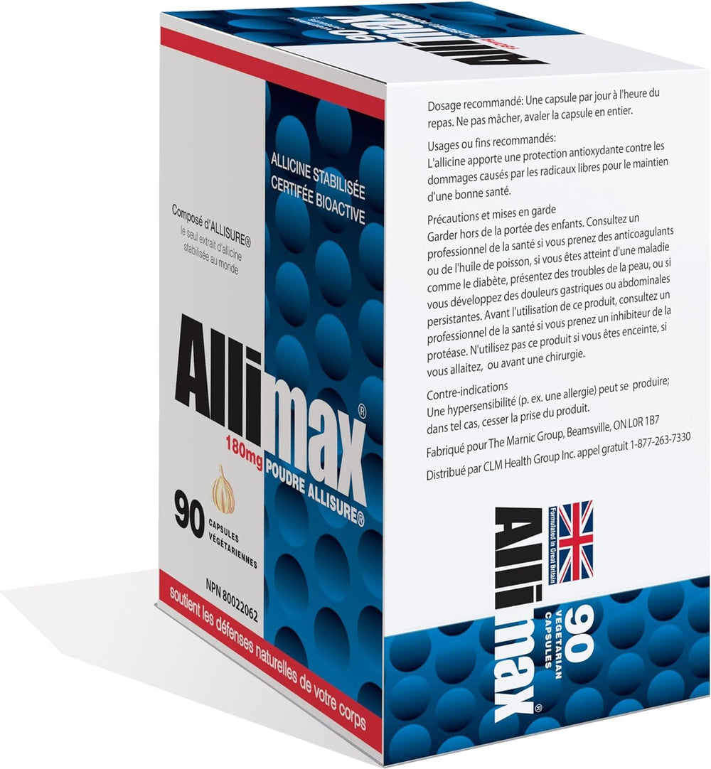 Close-up of Allimax 180 mg allicin powder capsules