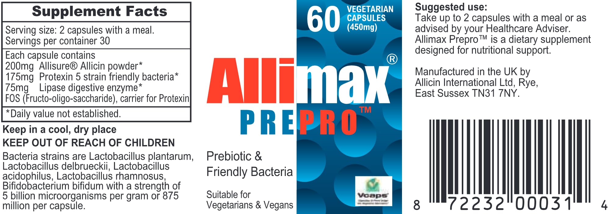 Allimax PrePro capsules with label and ingredients