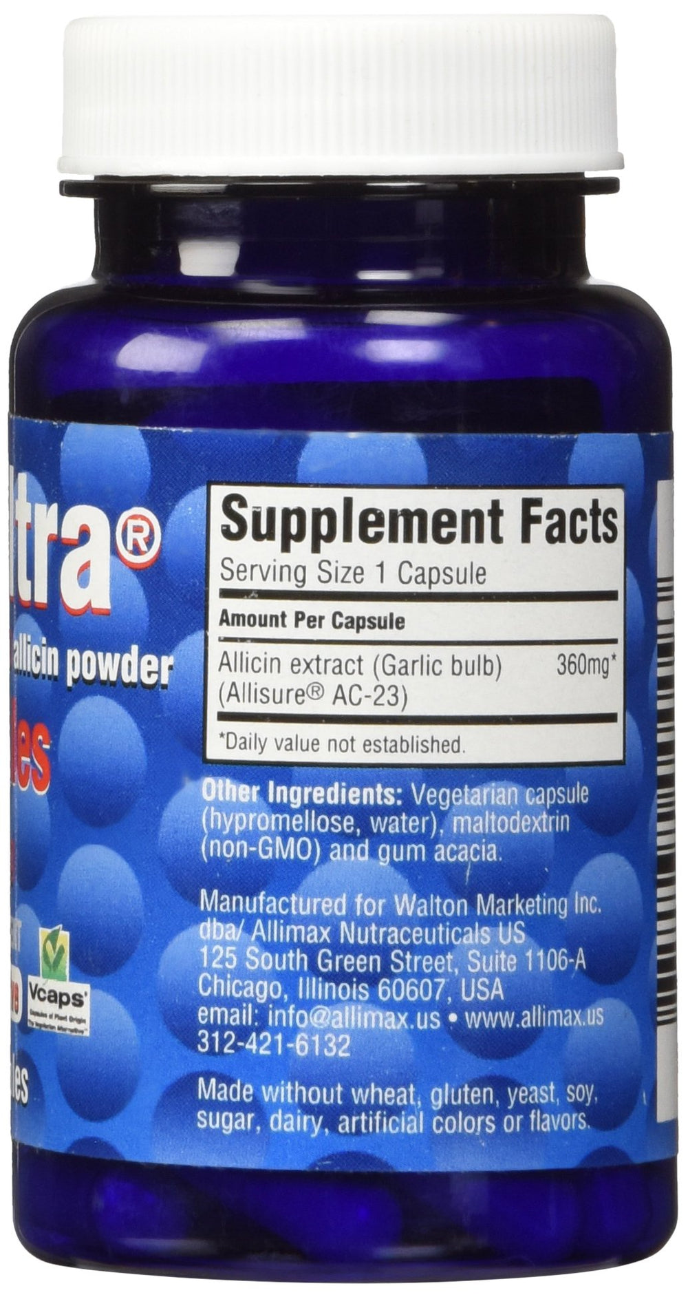 Bottle label for AlliUltra 360mg Capsules – 30 count