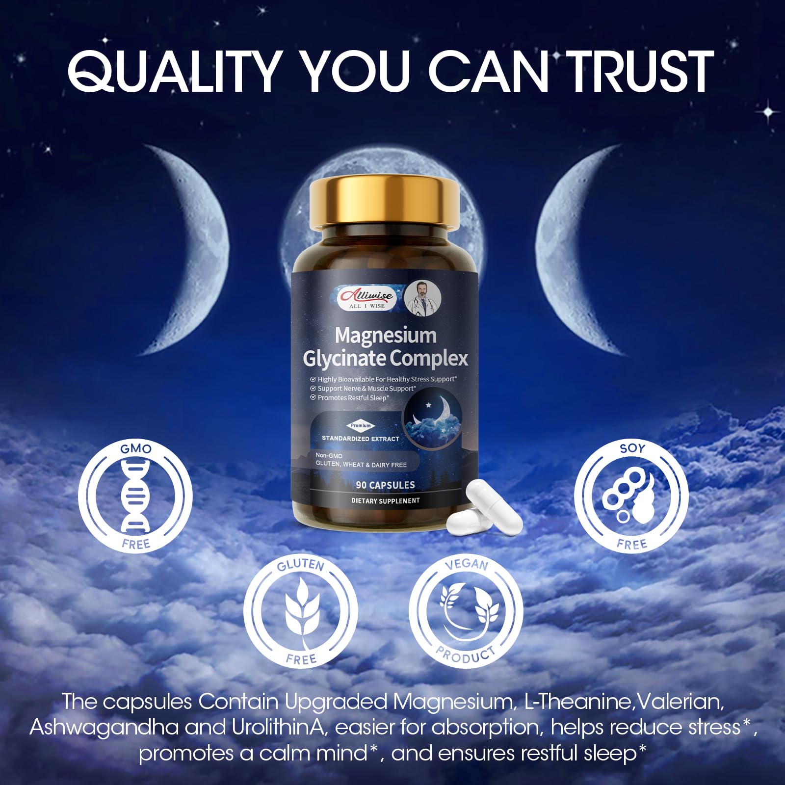 Gluten-free, dairy-free, soy-free Alliwise Magnesium Glycinate Complex label