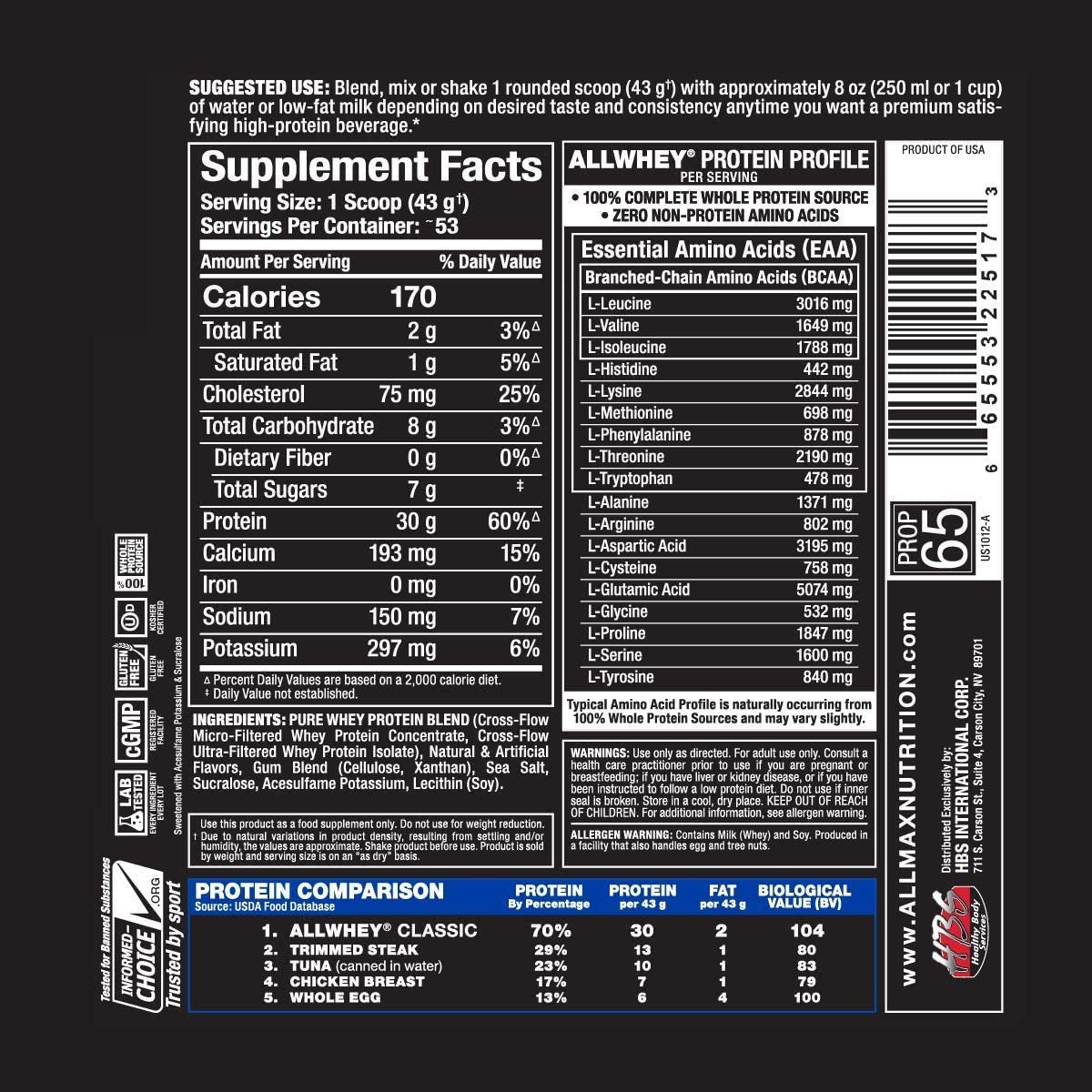 Side view of ALLMAX AllWhey Classic Vanilla 5 lb tub