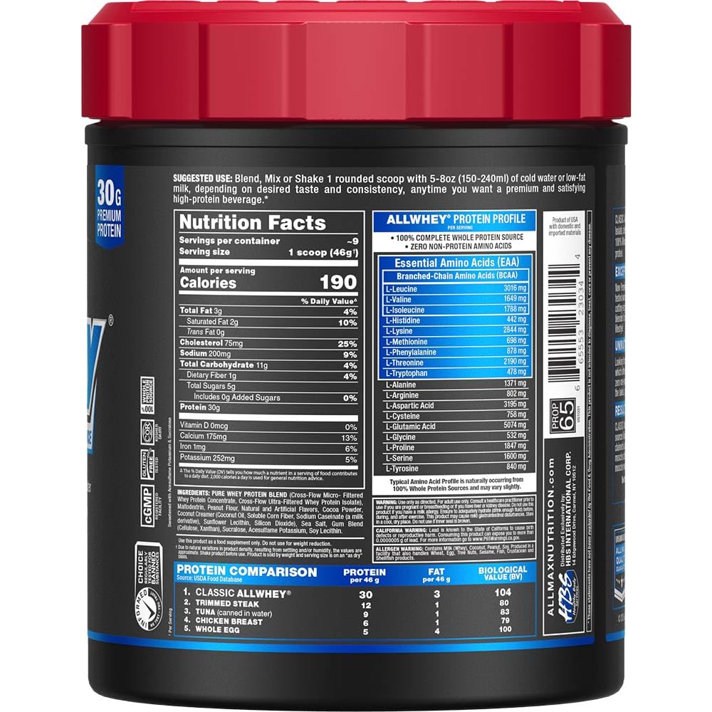 Back nutrition panel of ALLMAX AllWhey Classic Whey Protein packaging in Chocolate Peanut Butter