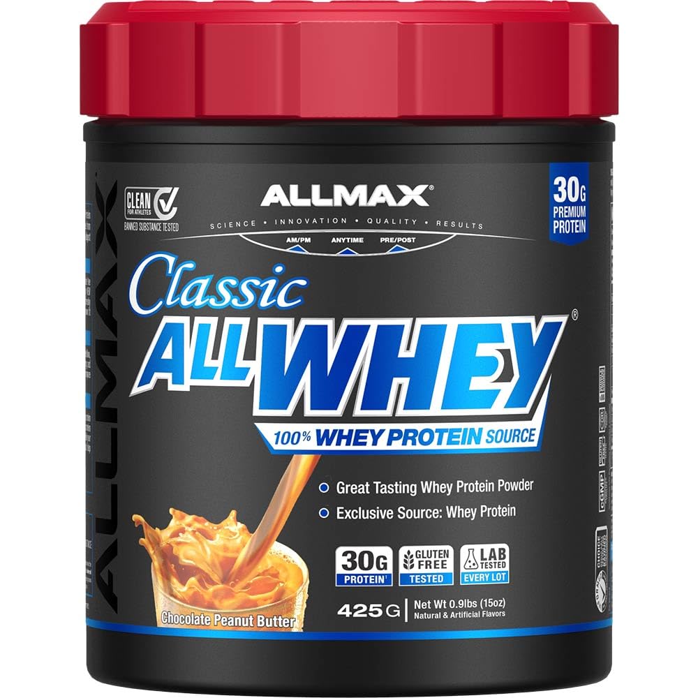 Front view of ALLMAX AllWhey Classic Whey Protein 0.9 lb container in Chocolate Peanut Butter
