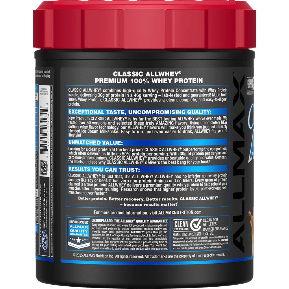 Nutrition facts label for AllWhey Classic Chocolate Peanut Butter powder