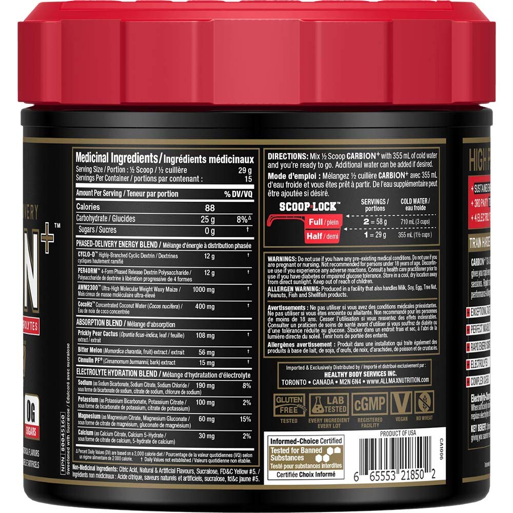 ALLMAX CARBION+ Pineapple Mango tub back label