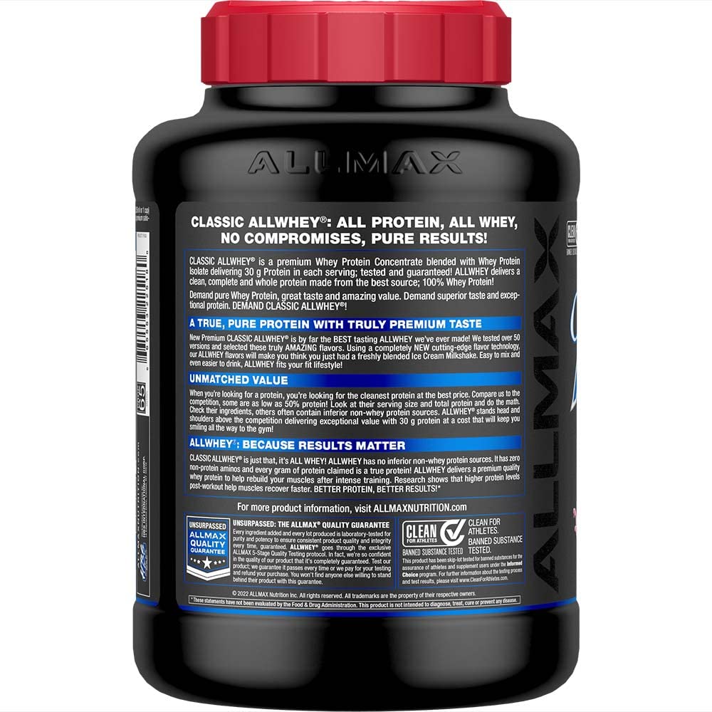 Allmax Classic ALLWHEY Strawberry jar closeup emphasizes gluten-free purity for lean gains