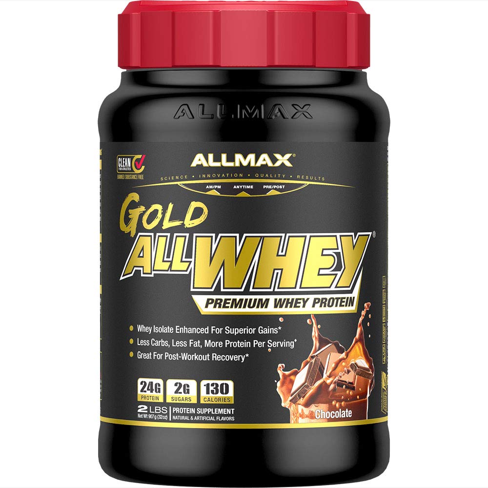 ALLMAX Gold ALLWHEY Chocolate jar-open, premium whey protein for post-workout support.