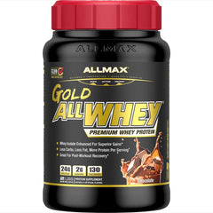 ALLMAX Gold ALLWHEY Chocolate jar-open, premium whey protein for post-workout support.