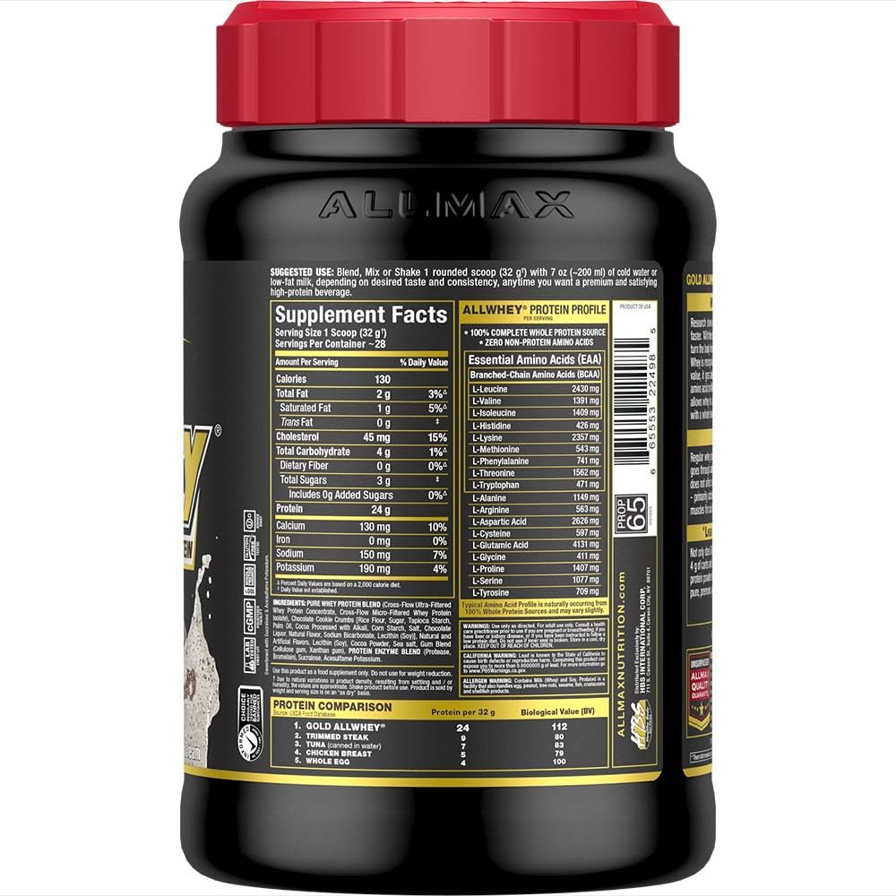 ALLMAX Gold ALLWHEY Cookies and Cream label close-up for gluten-free low-carb details