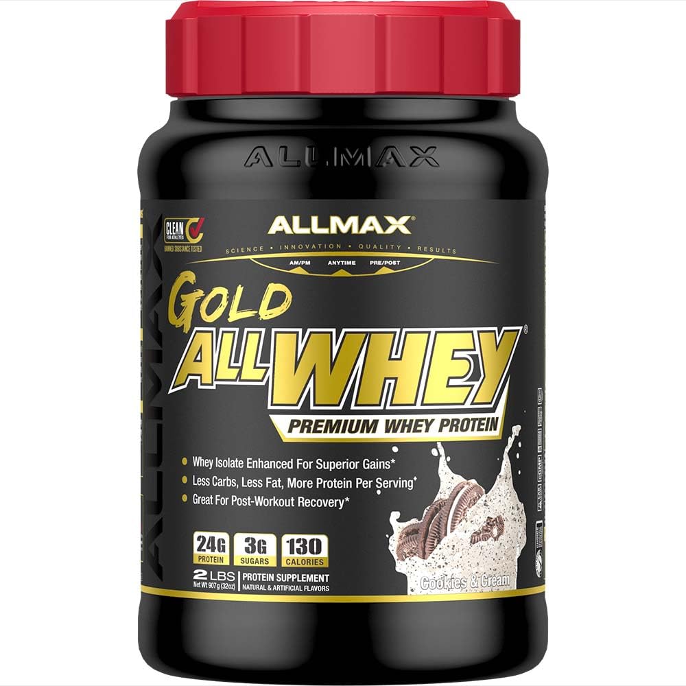 ALLMAX Gold ALLWHEY Cookies and Cream tub front for post-workout recovery