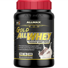 ALLMAX Gold ALLWHEY Cookies and Cream tub front for post-workout recovery