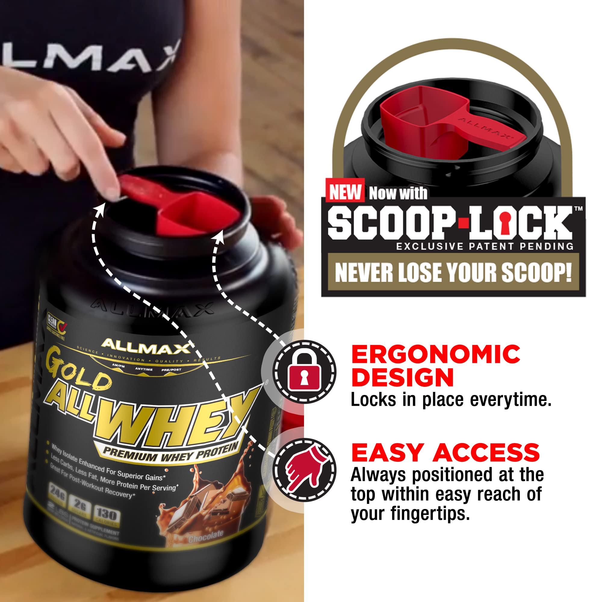 ALLMAX Gold ALLWHEY scoop closeup highlights 24g protein per serving.