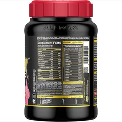 ALLMAX Gold ALLWHEY Strawberry tub back label explains nutrition for informed supplement choices.