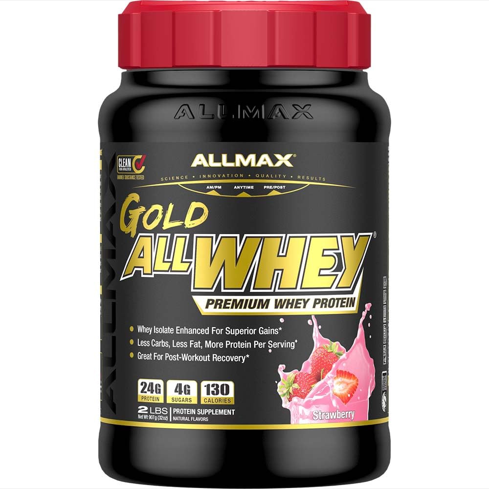 ALLMAX Gold ALLWHEY Strawberry tub front emphasizes premium protein for lean muscle support.