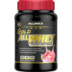 ALLMAX Gold ALLWHEY Strawberry tub front emphasizes premium protein for lean muscle support.