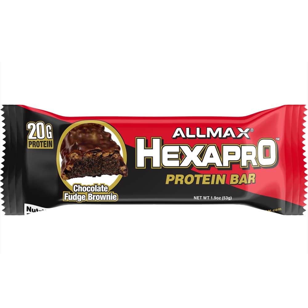 ALLMAX HexaPro bar closeup highlights rich chocolate fudge brownie texture and flavor.