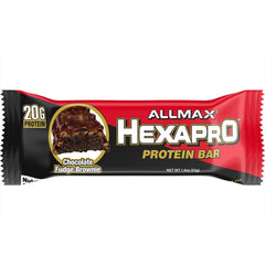 ALLMAX HexaPro bar closeup highlights rich chocolate fudge brownie texture and flavor.