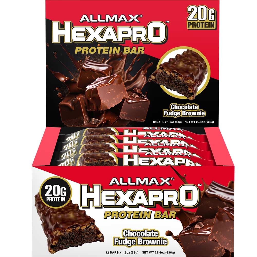 ALLMAX HexaPro Bar in 12-pack hero, a convenient high-protein snack for workouts.