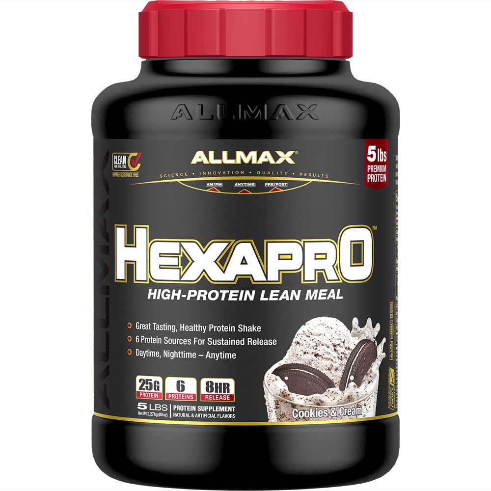 Allmax HEXAPRO Cookies & Cream tub front shows premium protein for post-workout recovery.