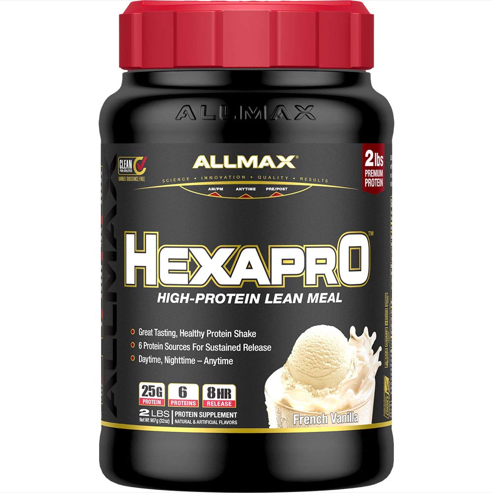 ALLMAX HEXAPRO French Vanilla powder in a jar shows premium protein poly-blend for steady delivery