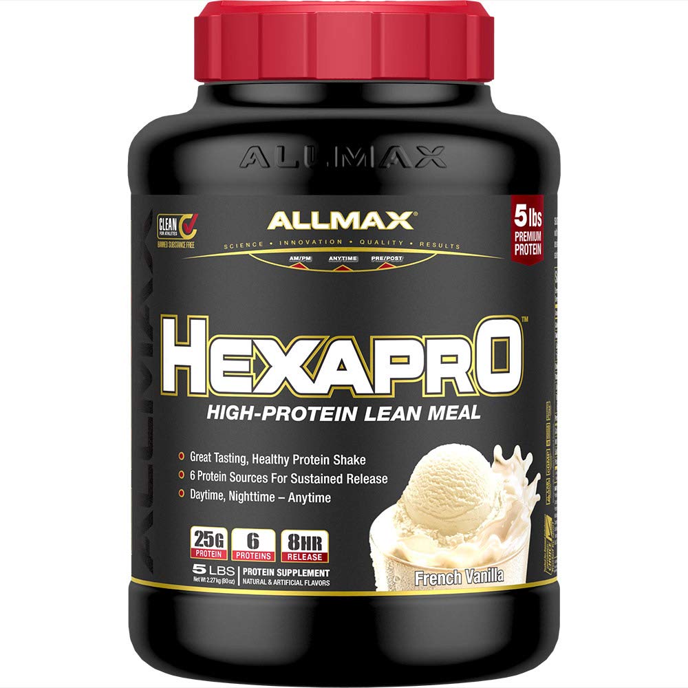 Allmax HEXAPRO French Vanilla tub front highlighting premium protein for quick daily shakes