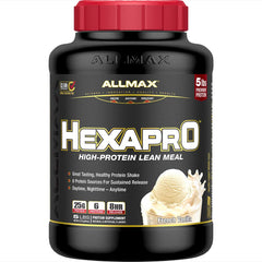 Allmax HEXAPRO French Vanilla tub front highlighting premium protein for quick daily shakes