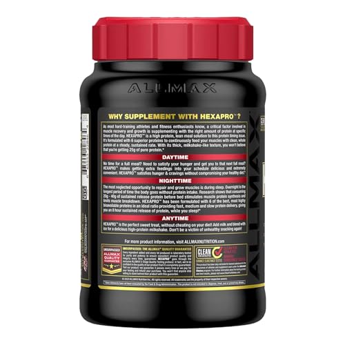 ALLMAX HEXAPRO nutrition panel highlights high protein per serving for meal planning