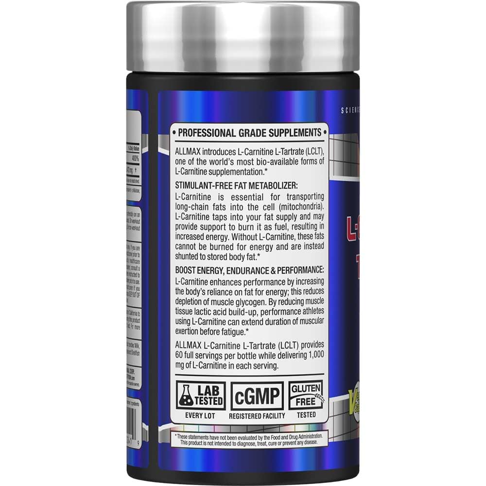 ALLMAX L-Carnitine Tartrate capsules close-up highlighting stimulant-free design