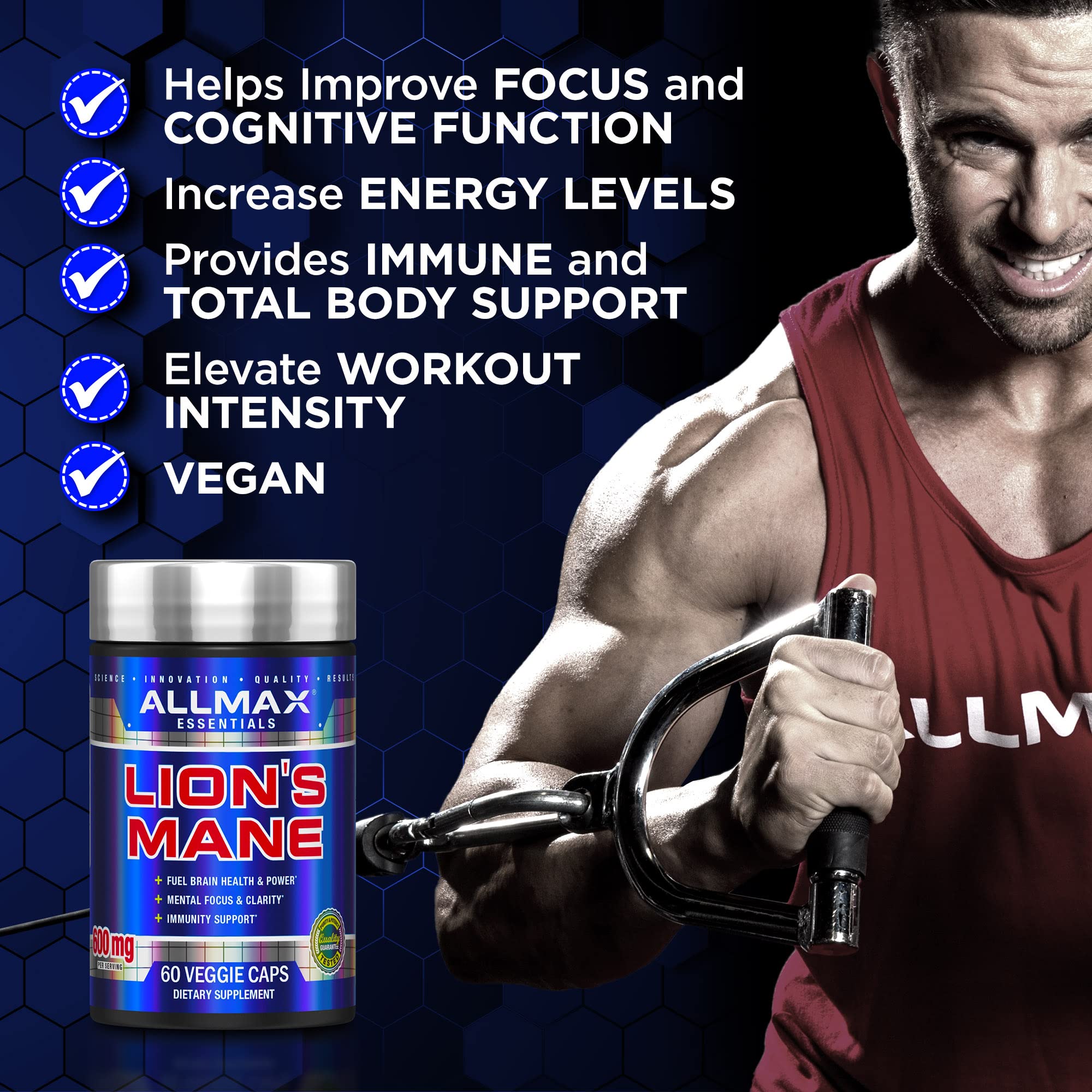 ALLMAX Lion's Mane capsules displayed next to bottle