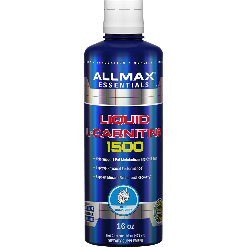 AllMax Liquid L-Carnitine 1500 blue raspberry bottle ready for post-workout use.