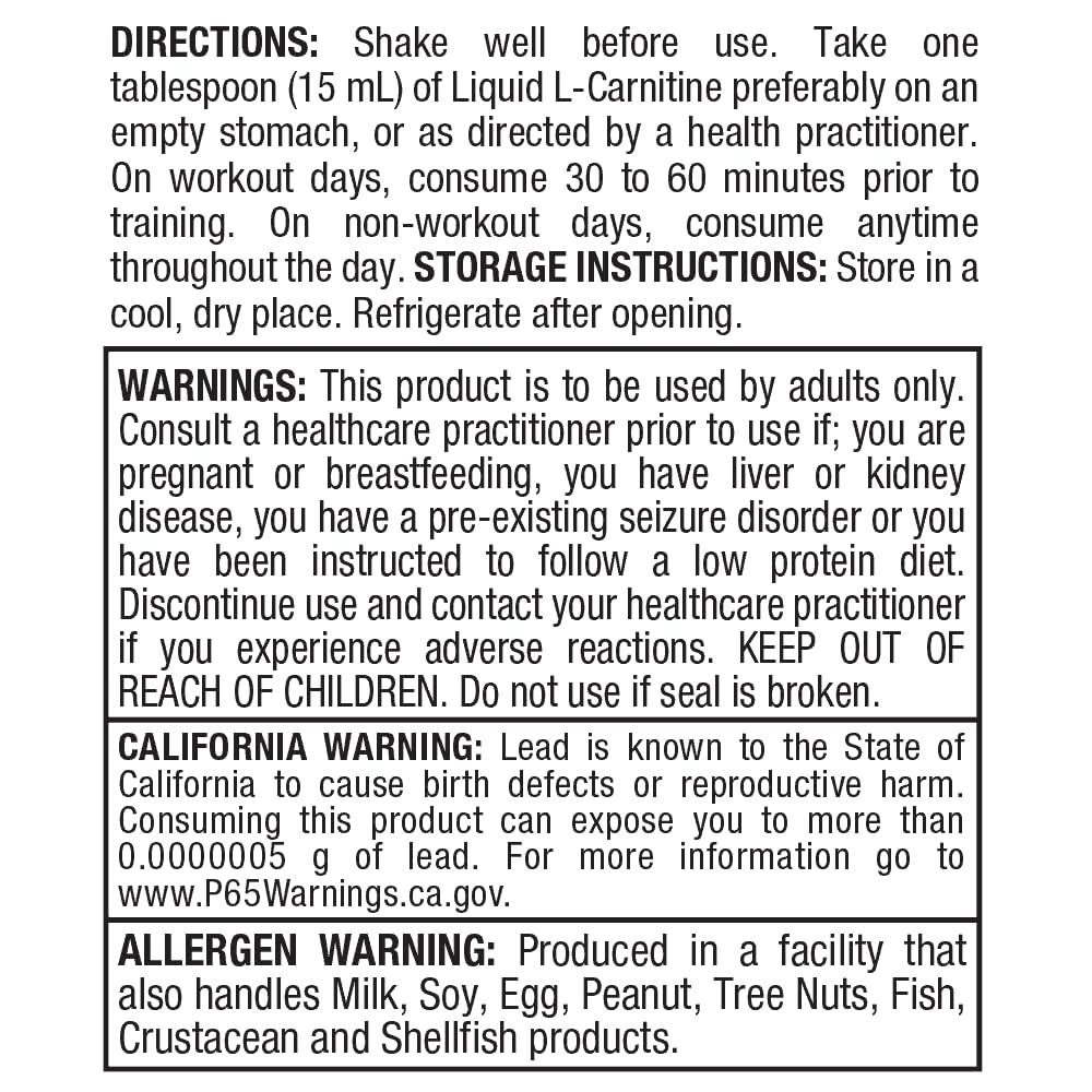 Allmax Liquid L-Carnitine label close-up with 5-stage QA clarity