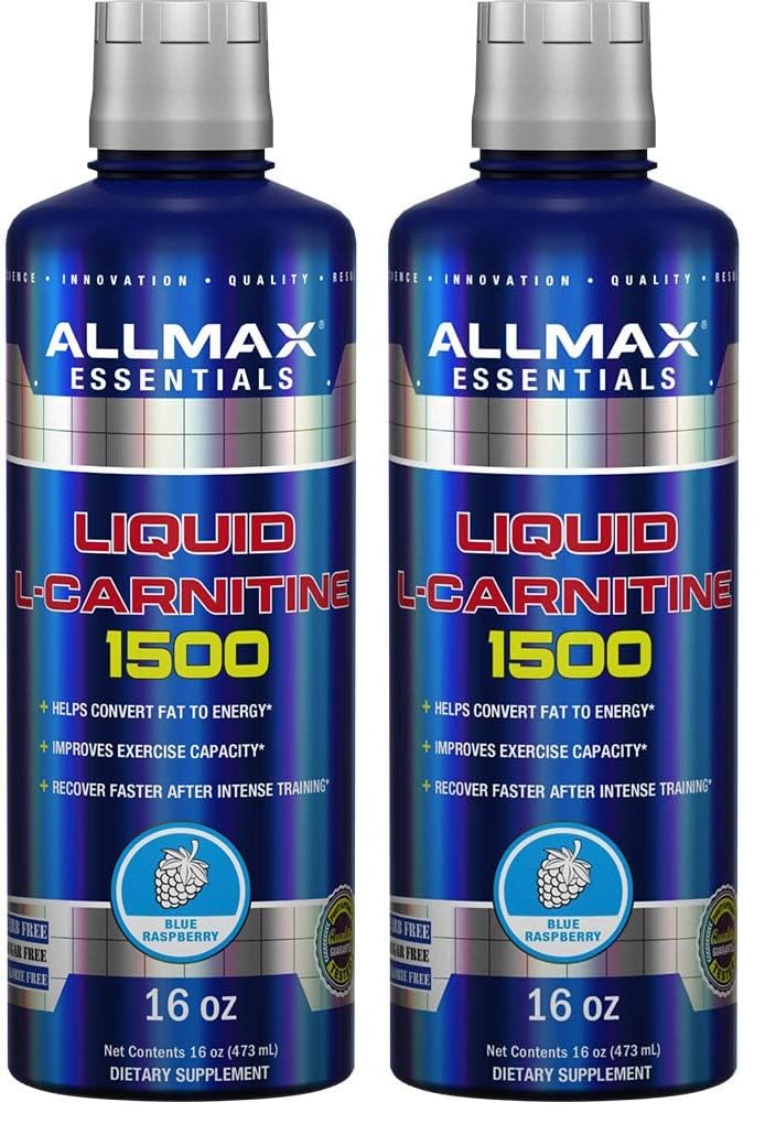 AllMax Liquid L-Carnitine 1500 blue raspberry bottle for convenient pre-workout support