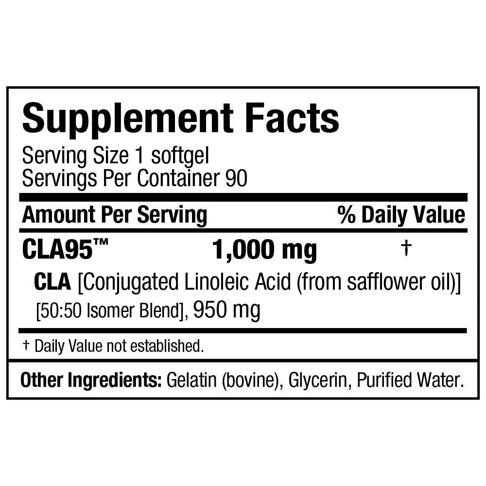 Nutrition facts label on CLA bottle