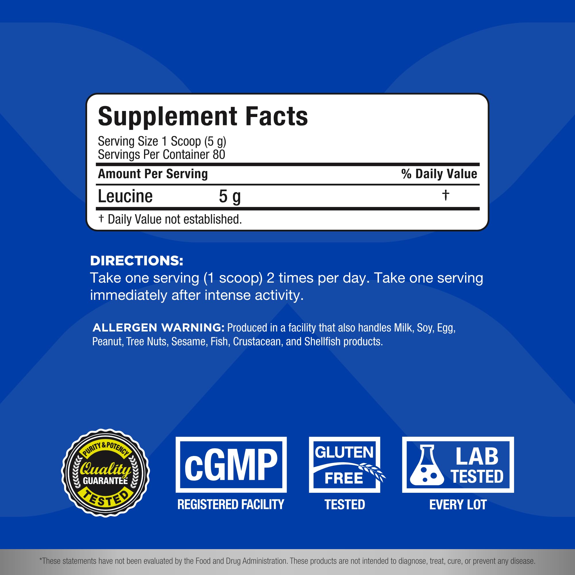 Front label of ALLMAX Leucine 5000 mg 14 oz container