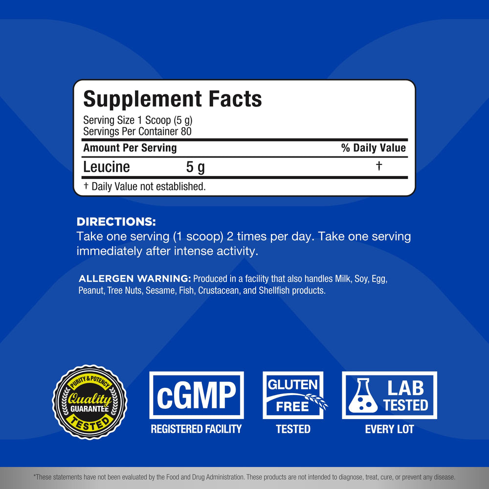 Front label of ALLMAX Leucine 5000 mg 14 oz container