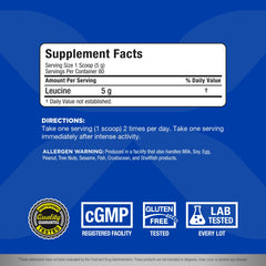 Front label of ALLMAX Leucine 5000 mg 14 oz container