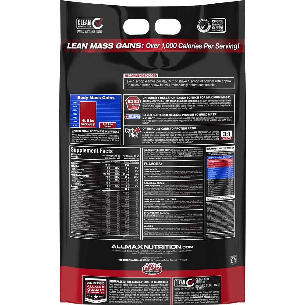 ALLMAX QUICKMASS chocolate powder pour highlights easy smoothie prep and rapid fueling